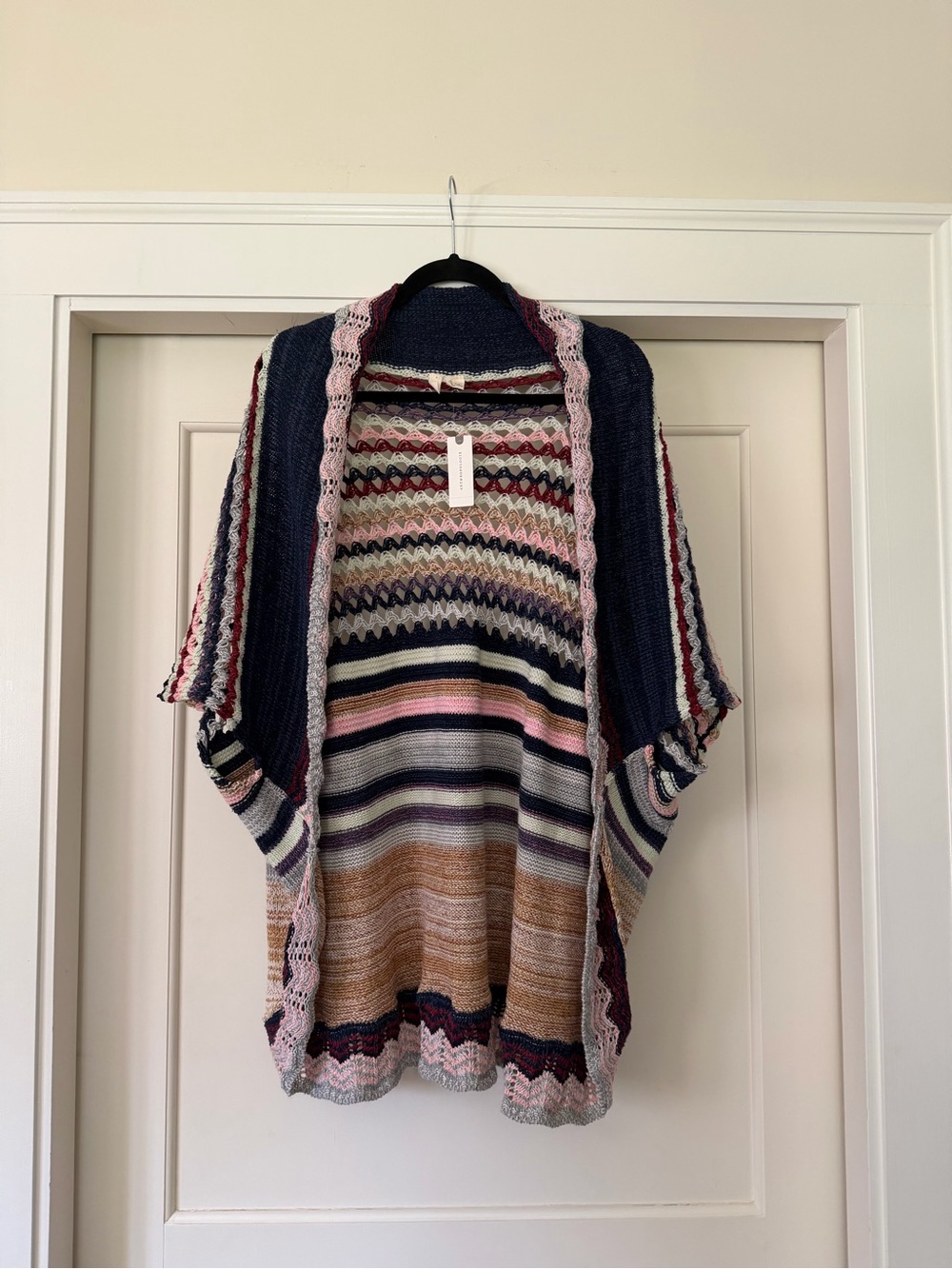 Anthropologie Moth Navy Multi Stripe Open Front Cocoon Cardigan Poncho M -NWT
